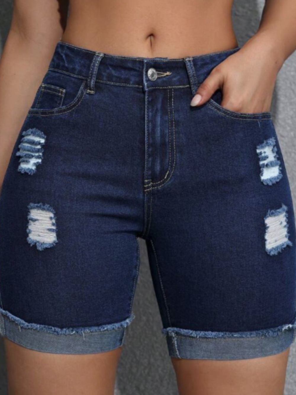High-Rise Distressed Dark Blue Denim Shorts (Stretchy)